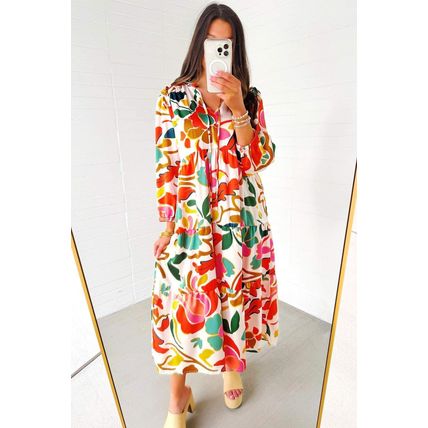 Orange Floral Print Split V Neck Tiered Maxi Dress