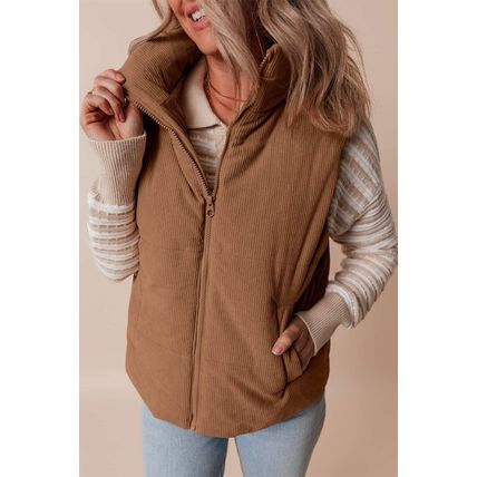 Coffee Corduroy Stand Neck Zipped Puffer Vest