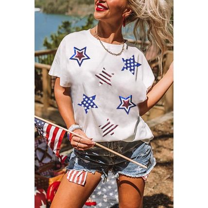 White USA Sequin Stars Patched Casual T Shirt