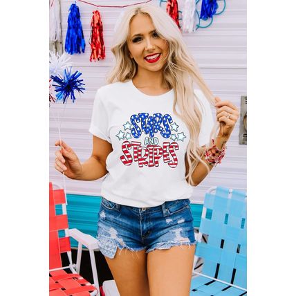White Stars and Stripes Round Neck Graphic T Shirt