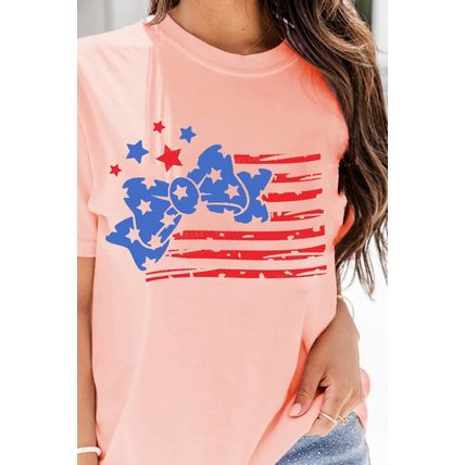 Pink Stars and Stripes Bow Knot Crew Neck T Shirt