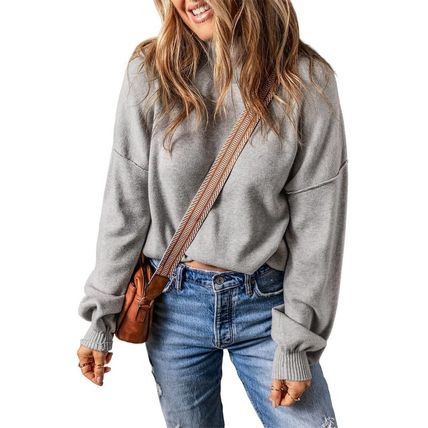 Gray Turtleneck Drop Shoulder Bubble Sleeve Knit Sweater