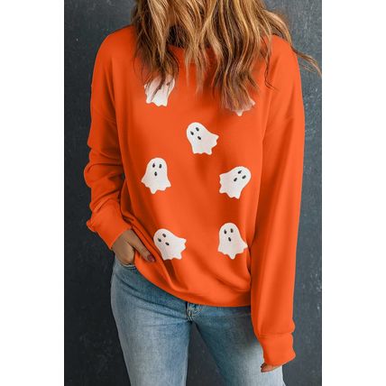 Orange Sequin Halloween Ghost Patched Drop Shoulder Sweatshirt