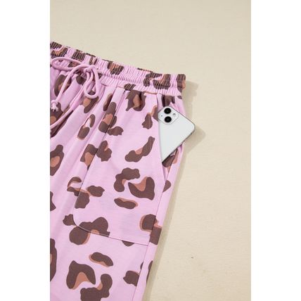 Pink Drawstring Leopard Print Patch Pocket Loose Pants