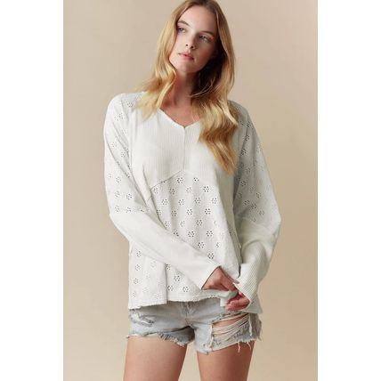 White Twisted Rib Patchwork Embroidered Loose V Neck Long Sleeve Top