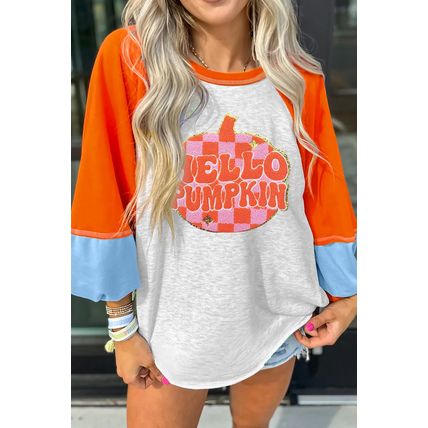 Light Grey HELLO PUMPKIN Patched Graphic Colorblock Bubble Sleeve Raglan Top