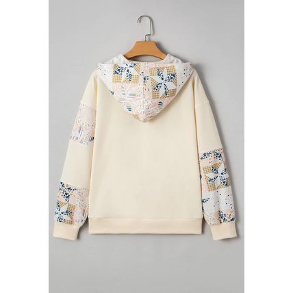 Beige Western Geo Pattern Patchwork Hoodie with Kangaroo Pocket