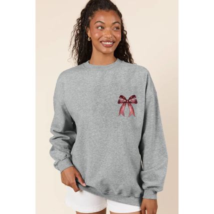 Gray Football Bow Print Drop Shoulder Pullover Sweatshirt