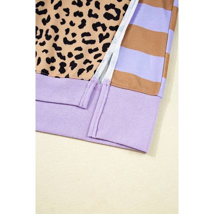 Purple Stripe Color Block Patchwork Leopard Casual Sweatshirt with Slits