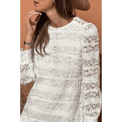 White Lace Crochet Round Neck Puff Sleeve Shift Mini Dress