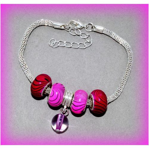 Snake Chain Silver Plated Bracelet Pink Marble Charm Euro Bead Jewellery 1332