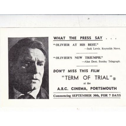 Laurence Olivier 'Term of Trial' ABC Cinema Portsmouth advert card VGC