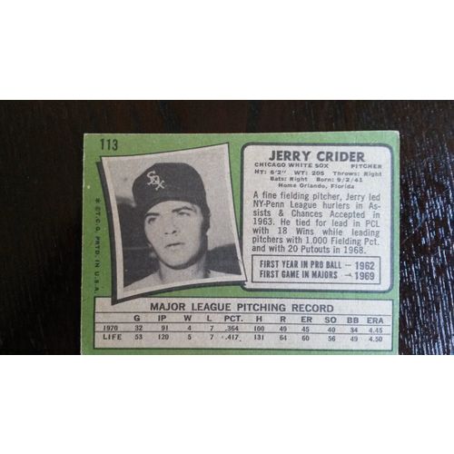 1971 Topps Card # 113 Jerry Crider Very Good (3) Chicago White Sox