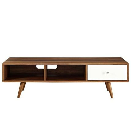 55" Mid Century Modern LED LCD DLP HD Walnut & White Low Profile TV Stand Media