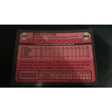 1989 Topps Card # 586 Joe Boever Excellent (5) Atlanta Braves