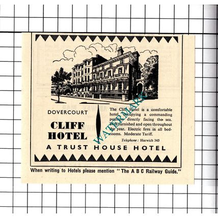 Cliff Hotel Dovercourt Essex Small Advert - 1958 Cutting / Print