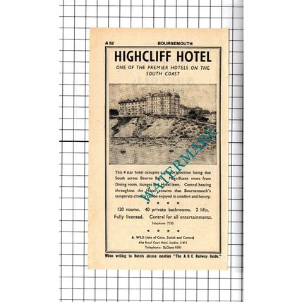 Highcliff Hotel Bournemouth / Norfolk Hotel Advert - 1958 Cutting / Print