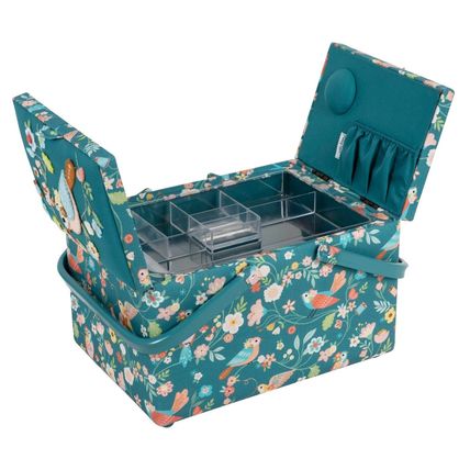HobbyGift Sewing Box (L) Twin Lid Appliqué Bird Aviary Storage HGTLRA664
