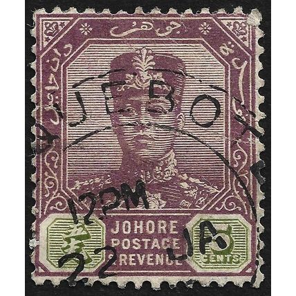 JOHORE 1921 5c wmk.MSCA Sc#107 USED PAQUEBOT cancel @N604