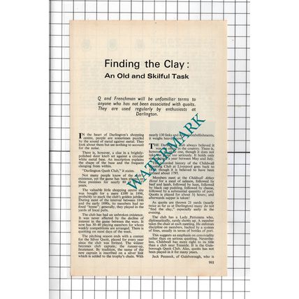 Darlington Quoits Club Alec Donaldson - 1974 Small Article