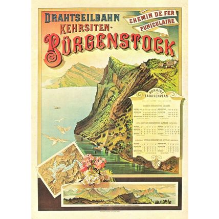 Kehrsiten Burgenstock 1892 Drahtseibahn Swiss Railway Poster Postcard