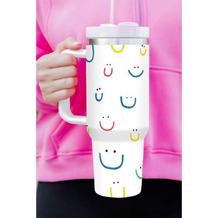 White Smiling Face Print Handle Vacuum Cup 1200ml