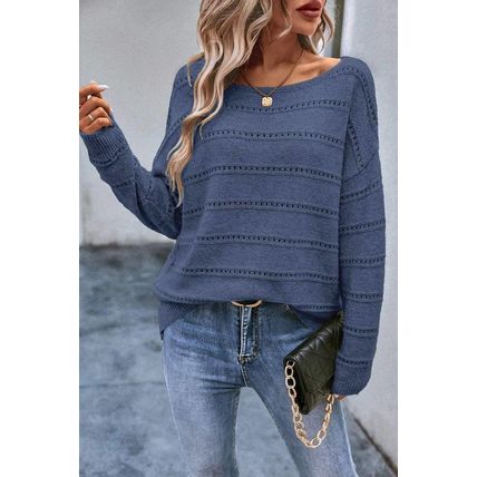 Real Teal Boat Neck Drop Shoulder Pointelle Knit Sweater