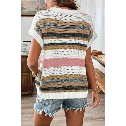Pink Stripe Color Block Eyelet Knit Short Sleeve Sweater Tee