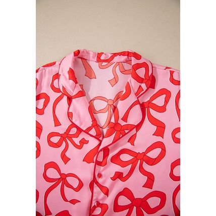 Pink 2pcs Bow Print Shirt Style Long Sleeve Pajama Set