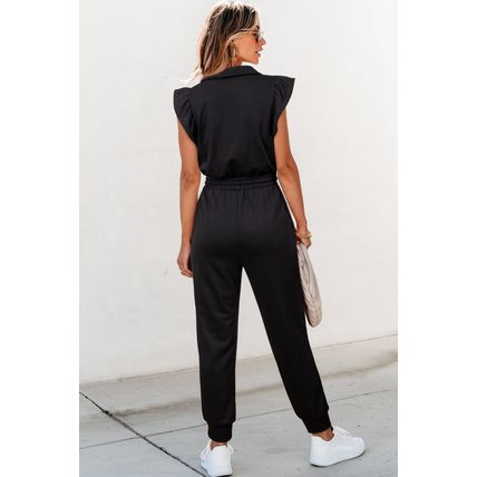 Black Zipper Flutter Sleeve Drawstring High Waist Jumpsuit