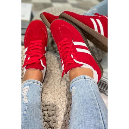 Fiery Red Vintage Striped Patchwork Lace-up Flat Shoes
