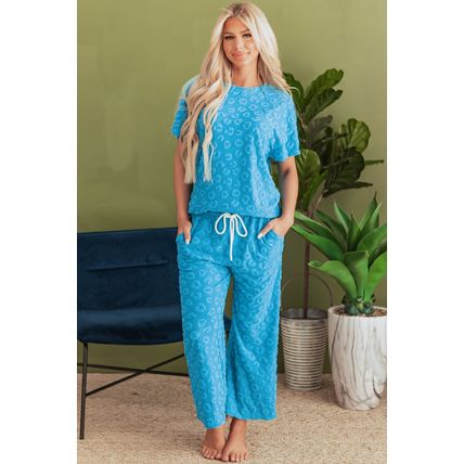 Blue Leopard Jacquard Short Sleeve Top and Wide Leg Pants Set