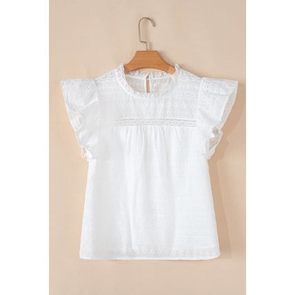 White Lace Neckline Flutter Sleeve Eyelets Blouse