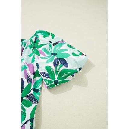 Green Floral Print Shirred Square Neck Loose Fit Mini Dress
