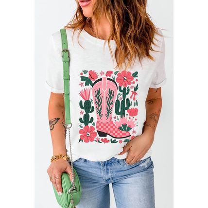 White Western Boots Flower Print Round Neck T Shirt