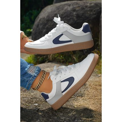 Navy Blue Color Contrast PU Leather Lace-up Sneakers