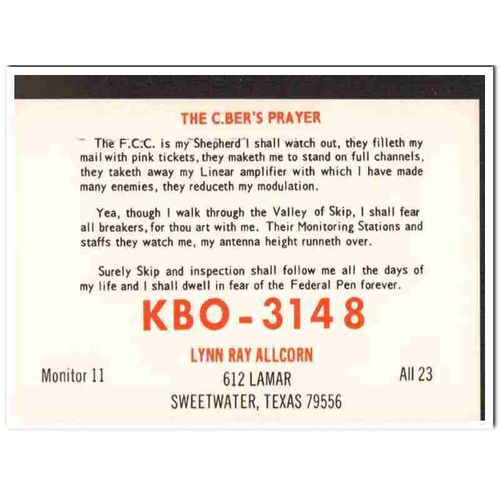 kbo-3148 lynn ray allcorn swetwater tx 1960s cb qsl vintage postcard