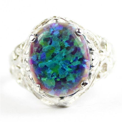 Created Blue Green Opal, 925 Sterling Silver Ring, SR114