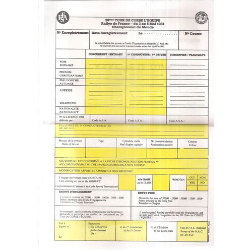 ROTHMANS CAR RALLY, FRANCE, May 1984 Official rule books and registration form