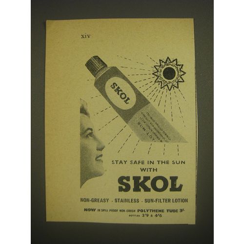 1958 Skol Sun Lotion Ad - Stay safe in the sun with Skol