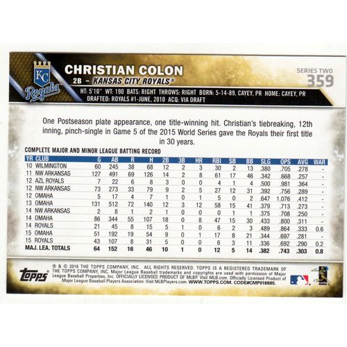 2016 Topps baseball card 359 Christian Colon - Royals
