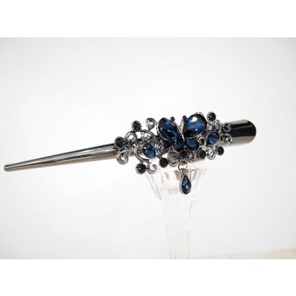 Dark silver butterfly blue crystal flower alligator hair claw clip clamp
