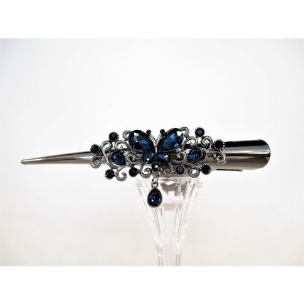 Dark silver butterfly blue crystal flower alligator hair claw clip clamp