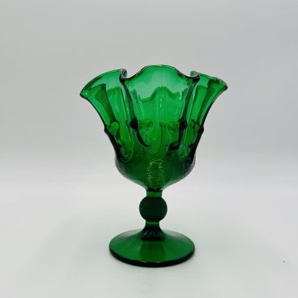 MCM Stelvia Emerald Green Art Glass Ruffled Compote Wayne Husted 6in