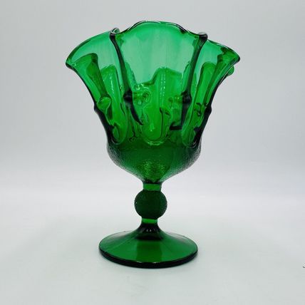 MCM Stelvia Emerald Green Art Glass Ruffled Compote Wayne Husted 6in