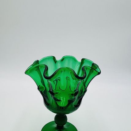 MCM Stelvia Emerald Green Art Glass Ruffled Compote Wayne Husted 6in