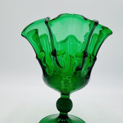 MCM Stelvia Emerald Green Art Glass Ruffled Compote Wayne Husted 6in