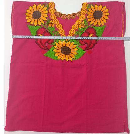 Sunflowers & Calla Lillies Embroidered Cotton Canvas Pink Blouse Chiapas Mexico