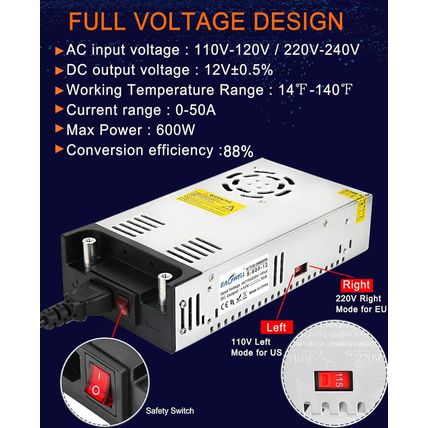 AC to DC Converter 12V Power Supply: Universal SMPS 120V AC to 12V 50A 600W DC C