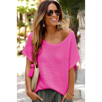 Pink Solid Loose Knit Short Dolman Sleeve Sweater